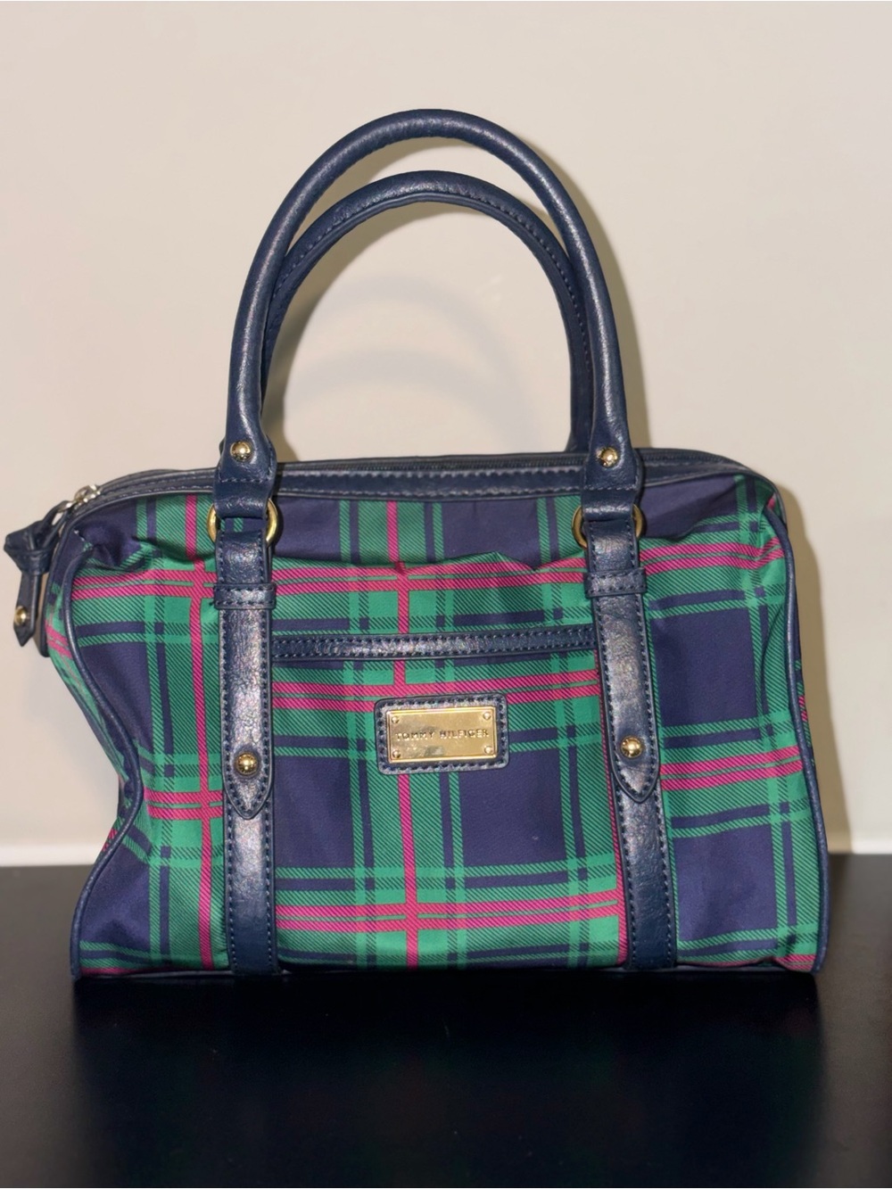 Tommy Hilfiger Navy Green Pink Plaid Satchel